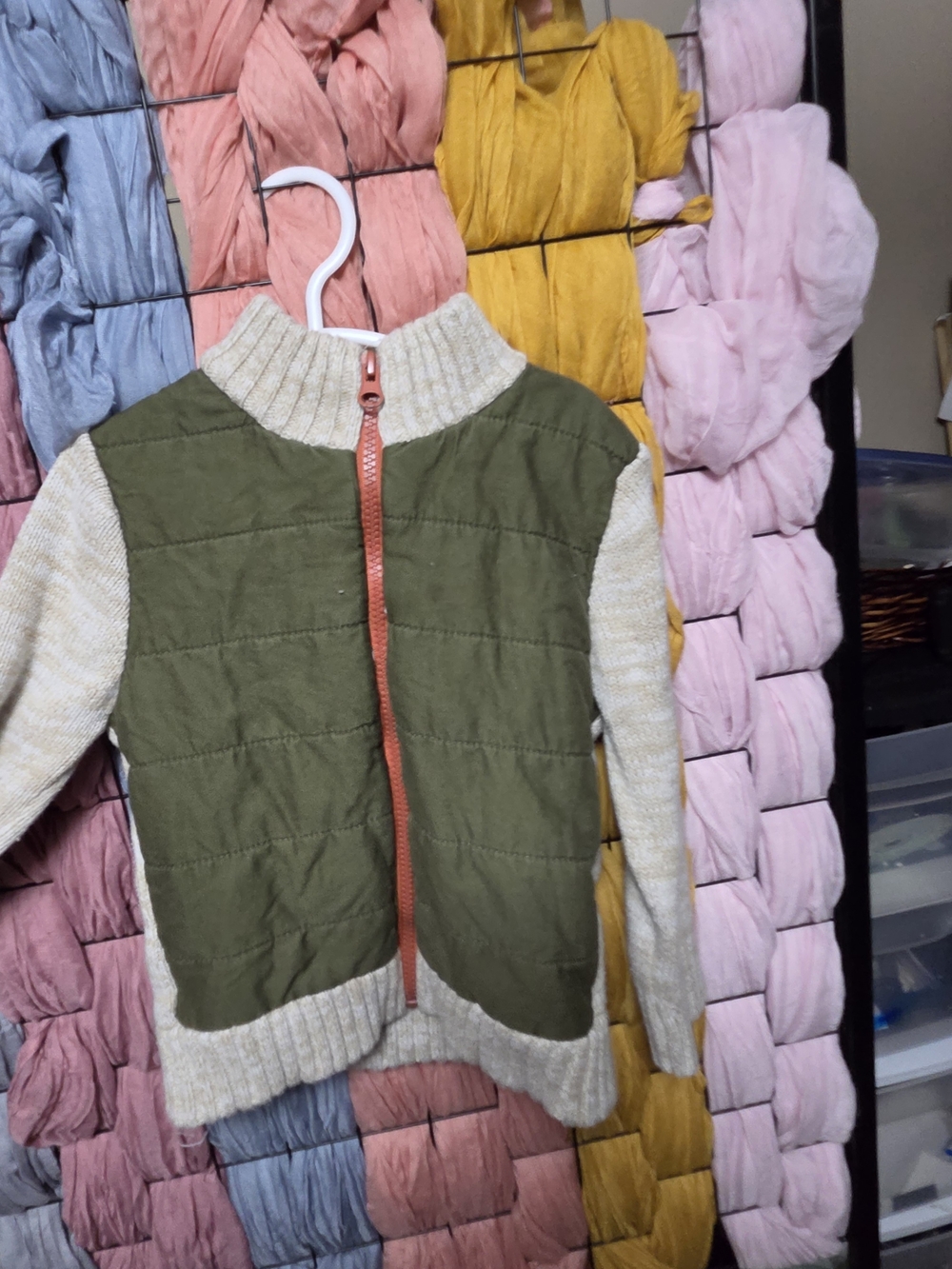 Cat & Jack Olive Green Quilted Jacket with Cream Knit Sleeves and Rust Zipper